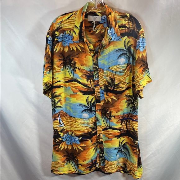 One Teaspoon Tops - One Teaspoon Tropical Sunset Button Down Shirt - Yellow and Blue